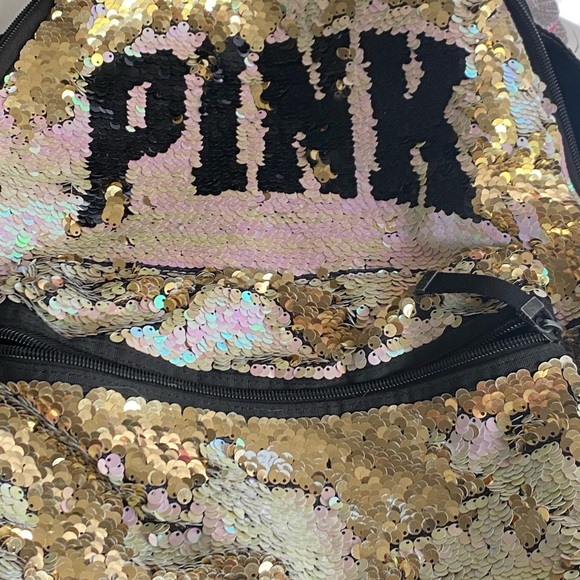 Sequin Gold Victoria’s Secret Large Backpack with PINK Logo - Picture 1 of 5